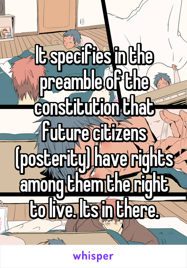 It specifies in the preamble of the constitution that future citizens (posterity) have rights among them the right to live. Its in there.
