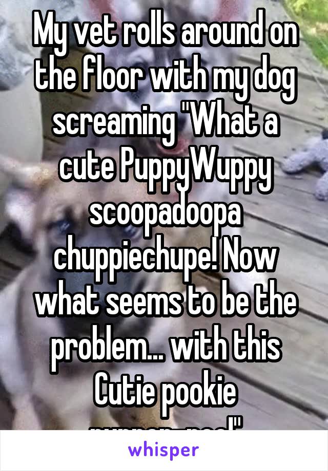 My vet rolls around on the floor with my dog screaming "What a cute PuppyWuppy scoopadoopa chuppiechupe! Now what seems to be the problem... with this Cutie pookie pupper-poo!"