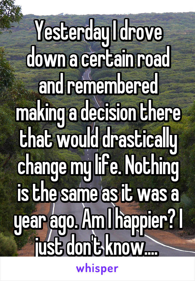 Yesterday I drove down a certain road and remembered making a decision there that would drastically change my life. Nothing is the same as it was a year ago. Am I happier? I just don't know.... 