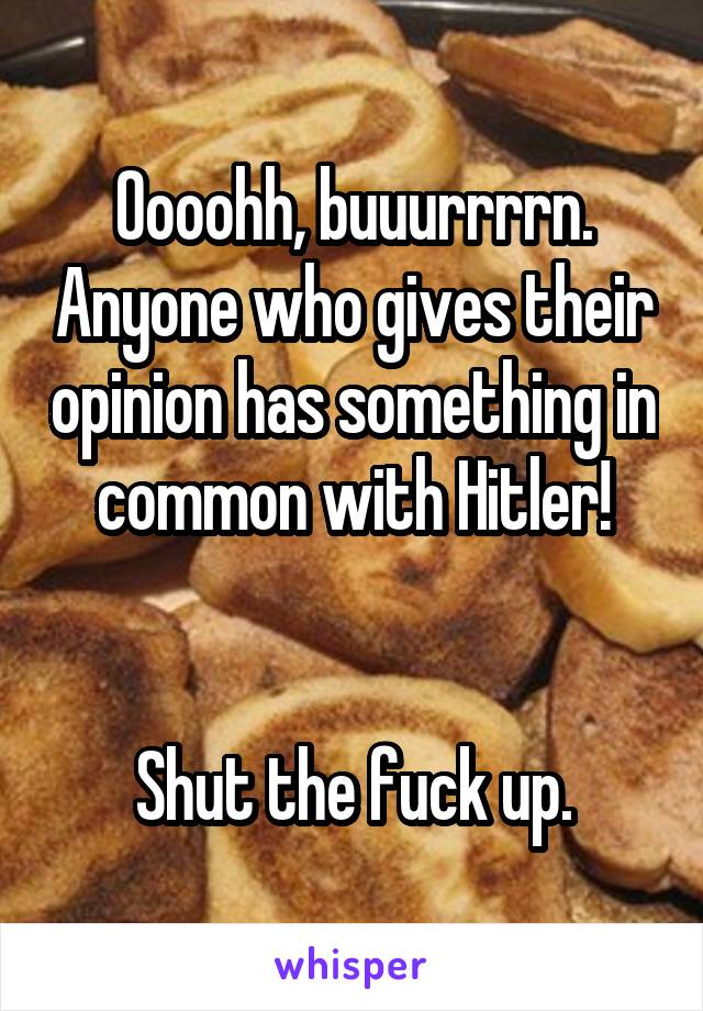 Oooohh, buuurrrrn. Anyone who gives their opinion has something in common with Hitler!


Shut the fuck up.