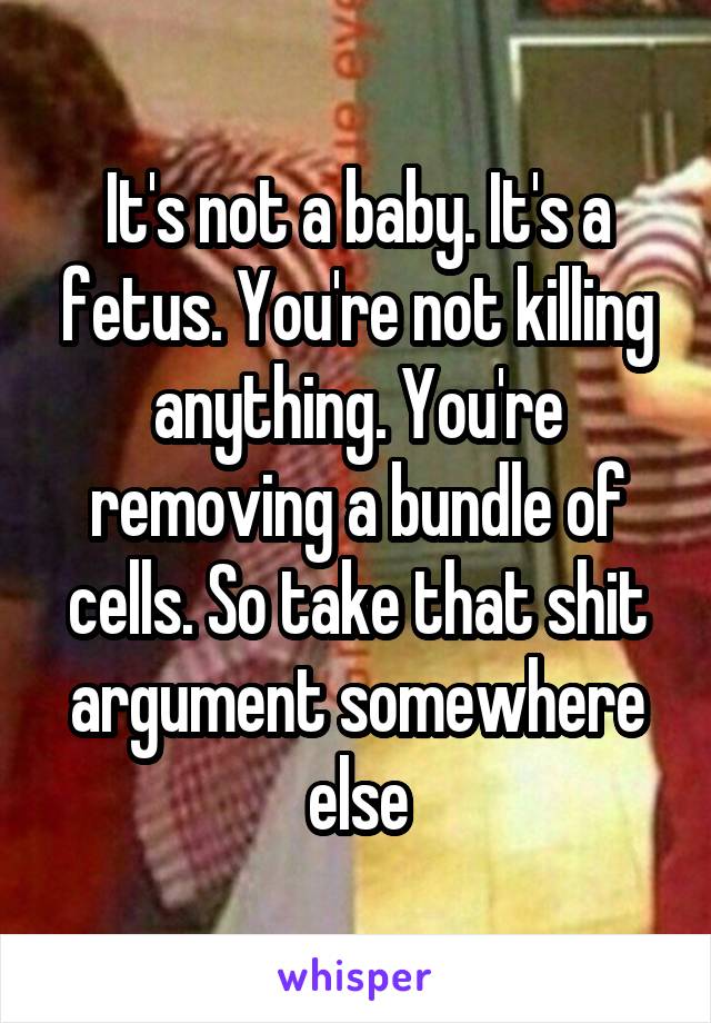 It's not a baby. It's a fetus. You're not killing anything. You're removing a bundle of cells. So take that shit argument somewhere else