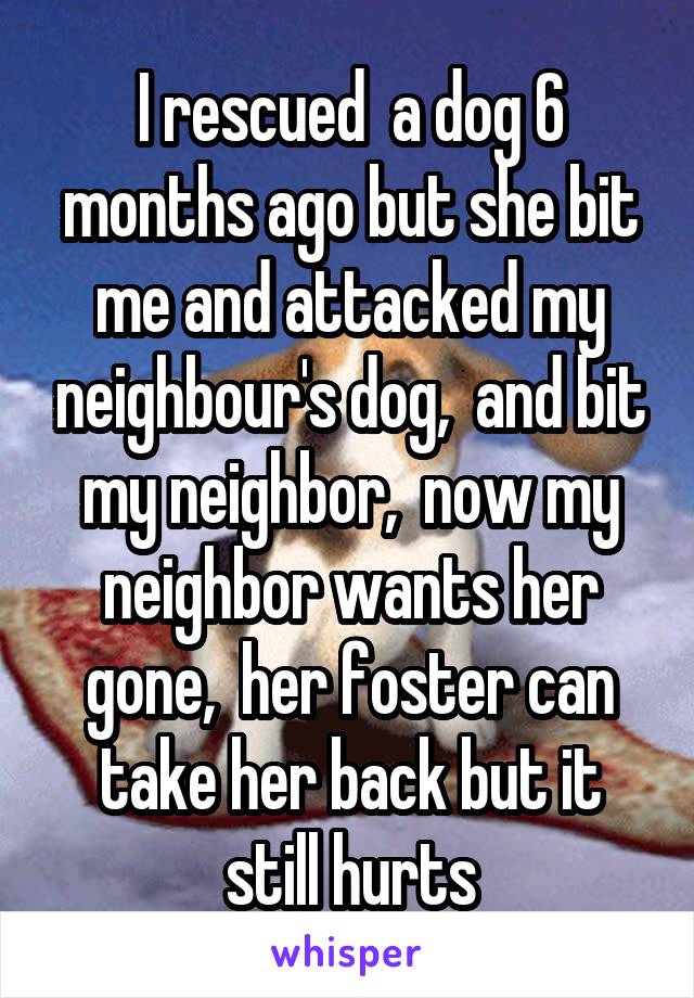 I rescued  a dog 6 months ago but she bit me and attacked my neighbour's dog,  and bit my neighbor,  now my neighbor wants her gone,  her foster can take her back but it still hurts