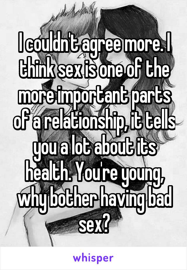 I couldn't agree more. I think sex is one of the more important parts of a relationship, it tells you a lot about its health. You're young, why bother having bad sex?