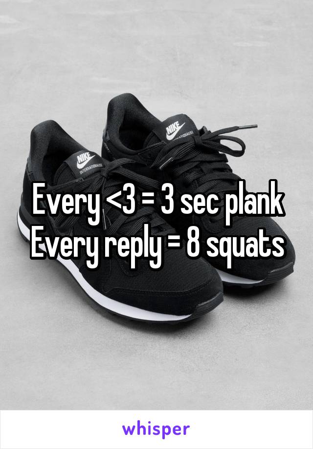 Every <3 = 3 sec plank
Every reply = 8 squats