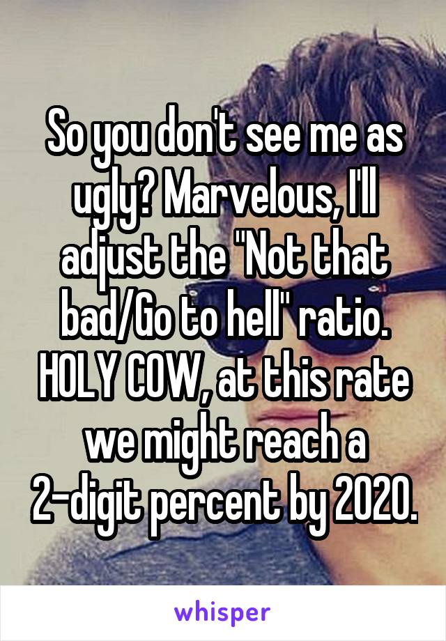 So you don't see me as ugly? Marvelous, I'll adjust the "Not that bad/Go to hell" ratio. HOLY COW, at this rate we might reach a 2-digit percent by 2020.