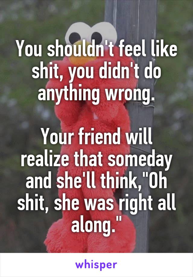 You shouldn't feel like shit, you didn't do anything wrong.

Your friend will realize that someday and she'll think,"Oh shit, she was right all along."