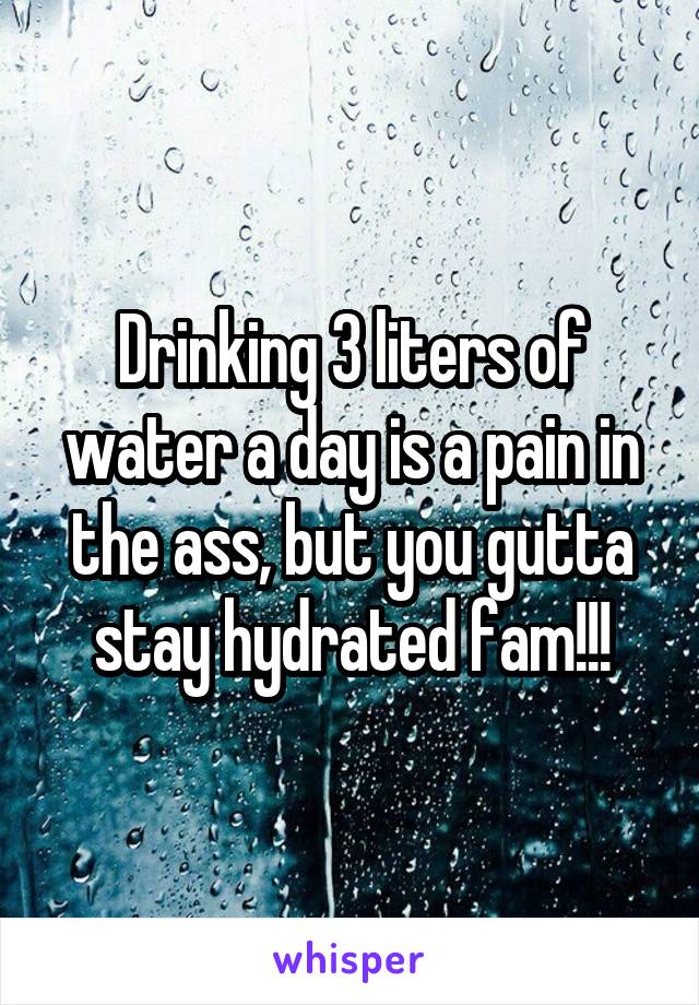 Drinking 3 liters of water a day is a pain in the ass, but you gutta stay hydrated fam!!!