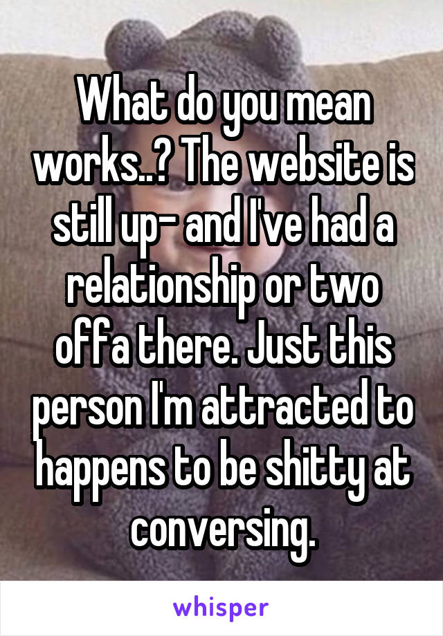 What do you mean works..? The website is still up- and I've had a relationship or two offa there. Just this person I'm attracted to happens to be shitty at conversing.