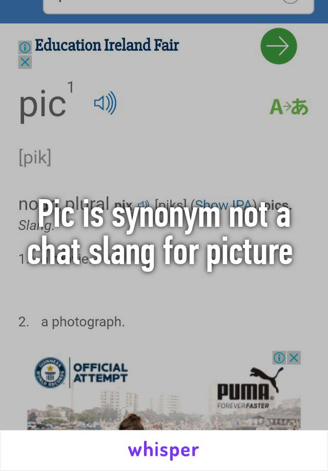 Pic is synonym not a chat slang for picture 