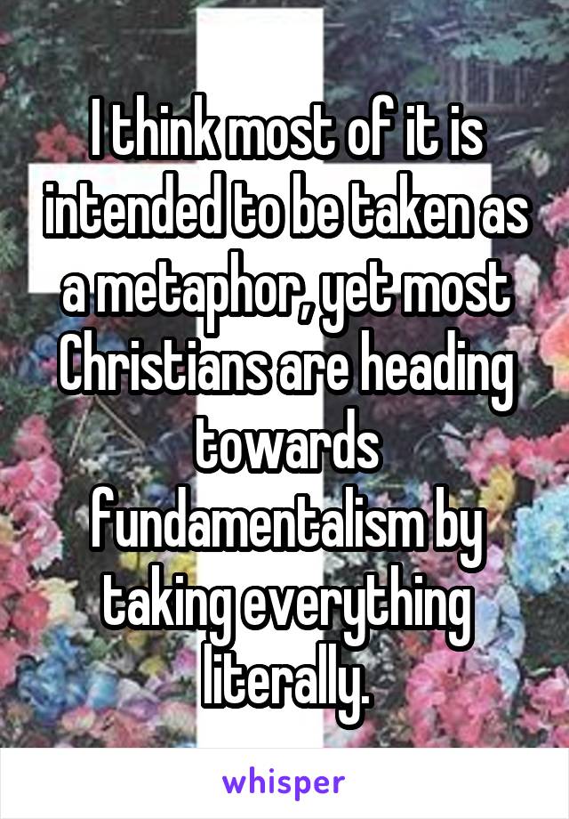 I think most of it is intended to be taken as a metaphor, yet most Christians are heading towards fundamentalism by taking everything literally.