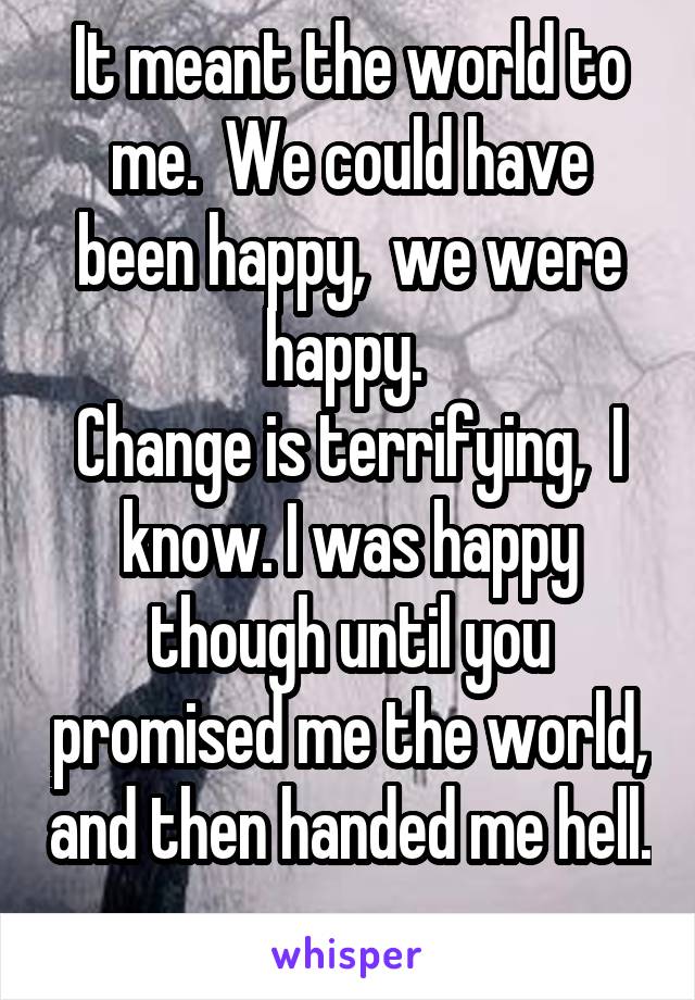 It meant the world to me.  We could have been happy,  we were happy. 
Change is terrifying,  I know. I was happy though until you promised me the world, and then handed me hell. 