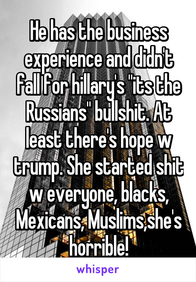 He has the business experience and didn't fall for hillary's "its the Russians" bullshit. At least there's hope w trump. She started shit w everyone, blacks, Mexicans, Muslims,she's horrible!