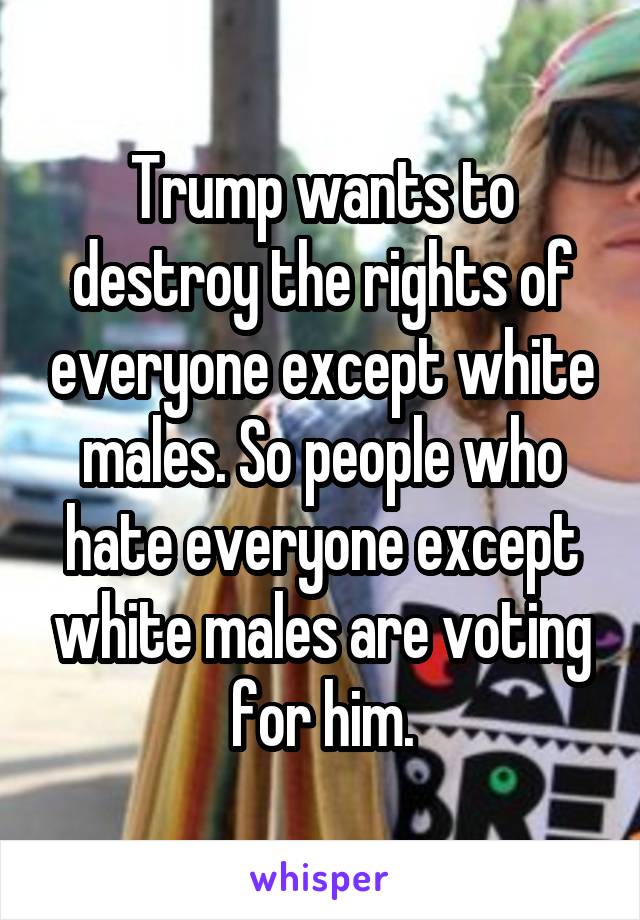 Trump wants to destroy the rights of everyone except white males. So people who hate everyone except white males are voting for him.