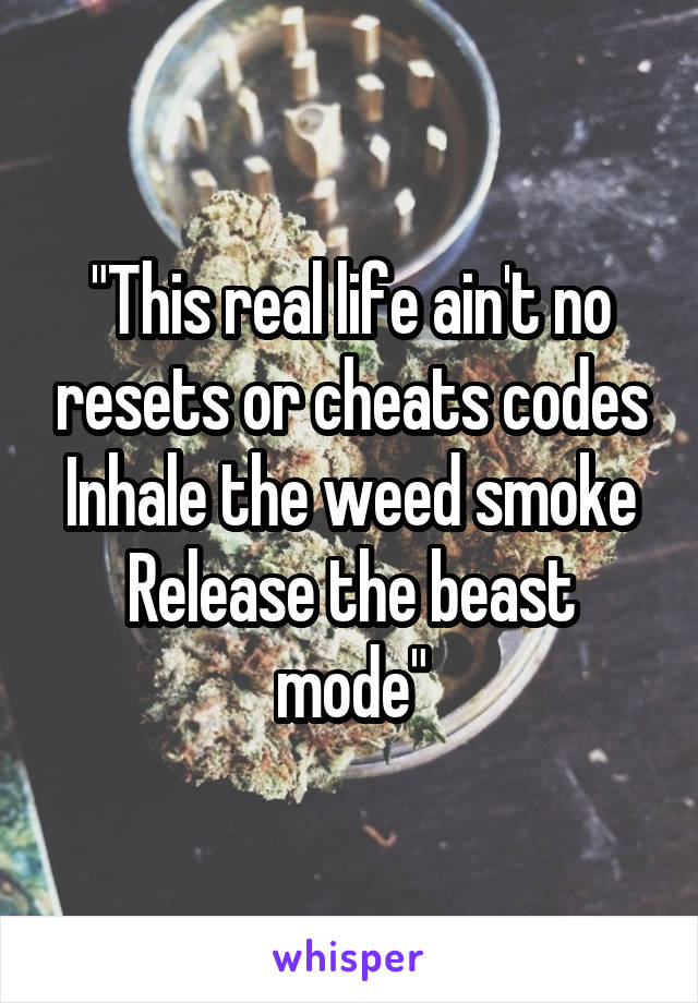 "This real life ain't no resets or cheats codes
Inhale the weed smoke
Release the beast mode"