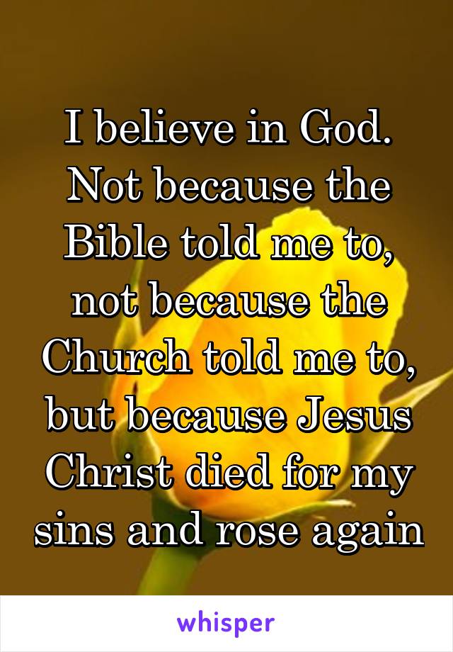 I believe in God. Not because the Bible told me to, not because the Church told me to, but because Jesus Christ died for my sins and rose again