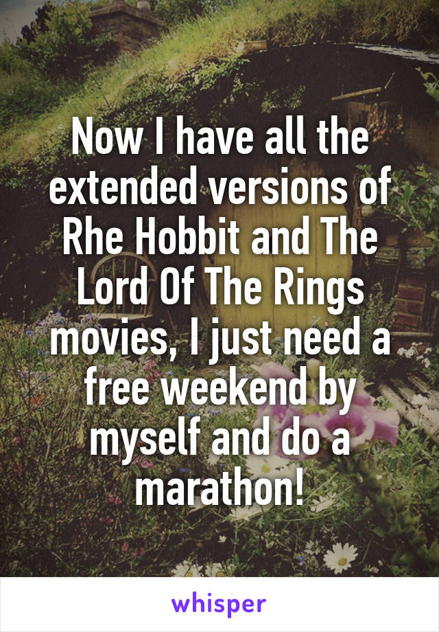 Now I have all the extended versions of Rhe Hobbit and The Lord Of The Rings movies, I just need a free weekend by myself and do a marathon!
