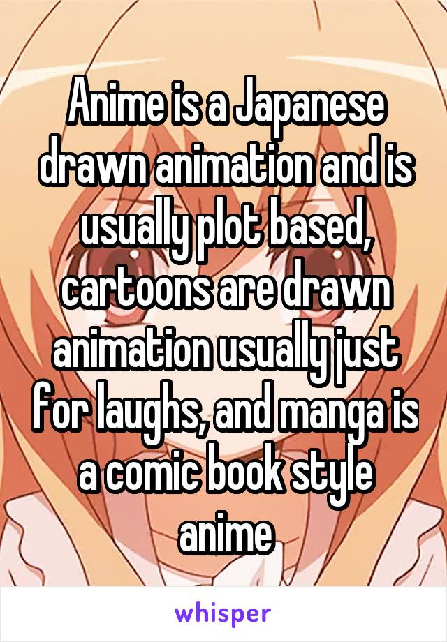 Anime is a Japanese drawn animation and is usually plot based, cartoons are drawn animation usually just for laughs, and manga is a comic book style anime