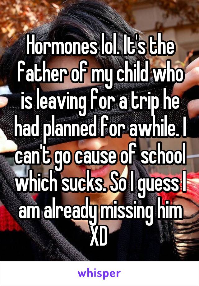 Hormones lol. It's the father of my child who is leaving for a trip he had planned for awhile. I can't go cause of school which sucks. So I guess I am already missing him XD 