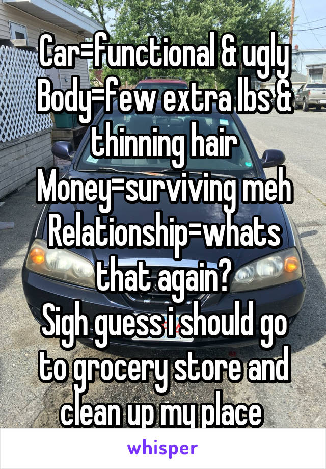 Car=functional & ugly
Body=few extra lbs & thinning hair
Money=surviving meh
Relationship=whats that again?
Sigh guess i should go to grocery store and clean up my place 