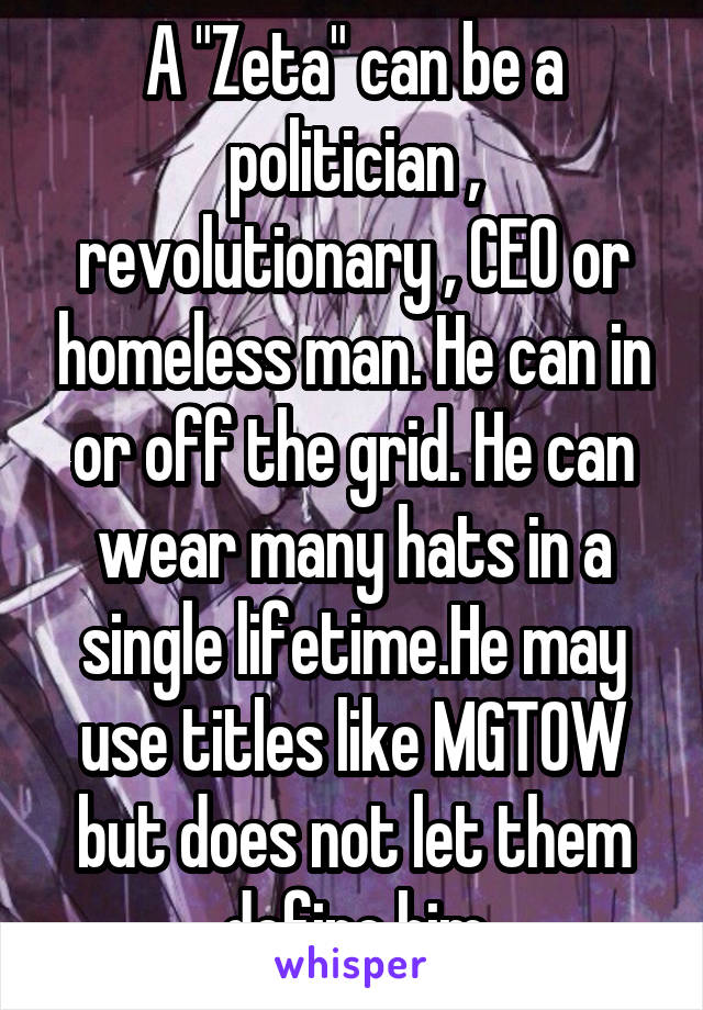 A "Zeta" can be a politician , revolutionary , CEO or homeless man. He can in or off the grid. He can wear many hats in a single lifetime.He may use titles like MGTOW but does not let them define him