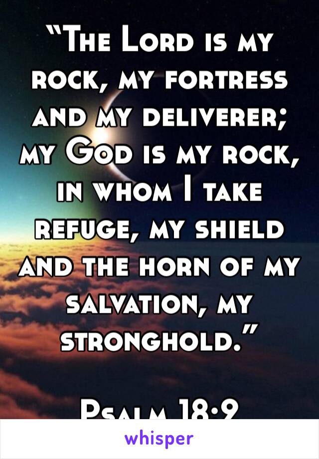“The Lord is my rock, my fortress and my deliverer; my God is my rock, in whom I take refuge, my shield and the horn of my salvation, my stronghold.”

‭‭Psalm‬ ‭18:2‬