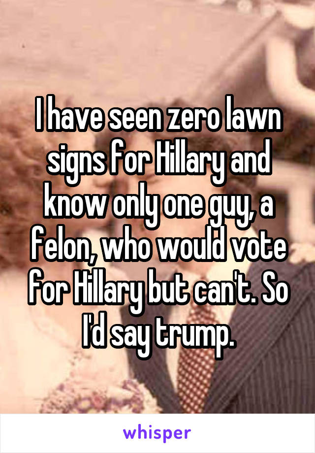 I have seen zero lawn signs for Hillary and know only one guy, a felon, who would vote for Hillary but can't. So I'd say trump.