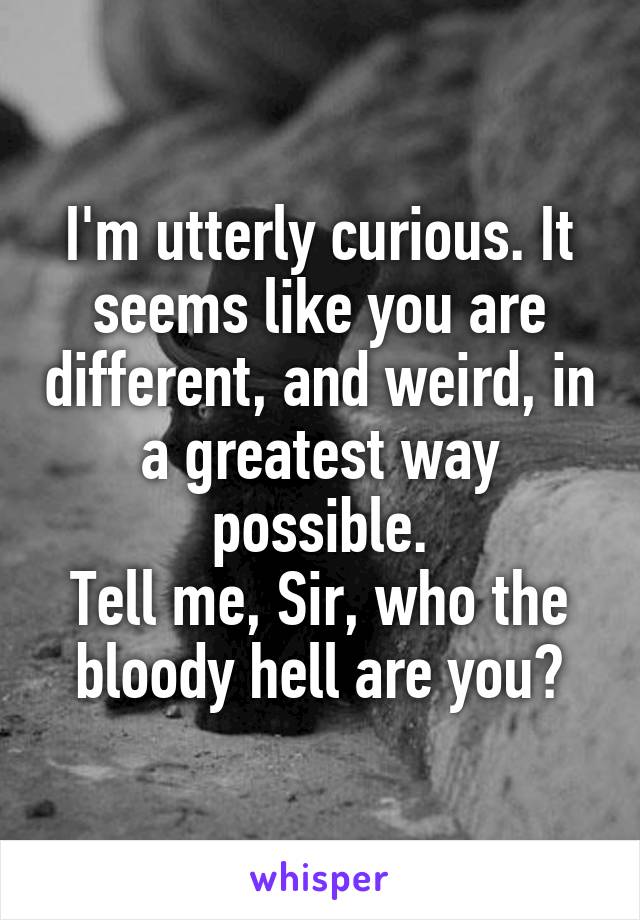 I'm utterly curious. It seems like you are different, and weird, in a greatest way possible.
Tell me, Sir, who the bloody hell are you?