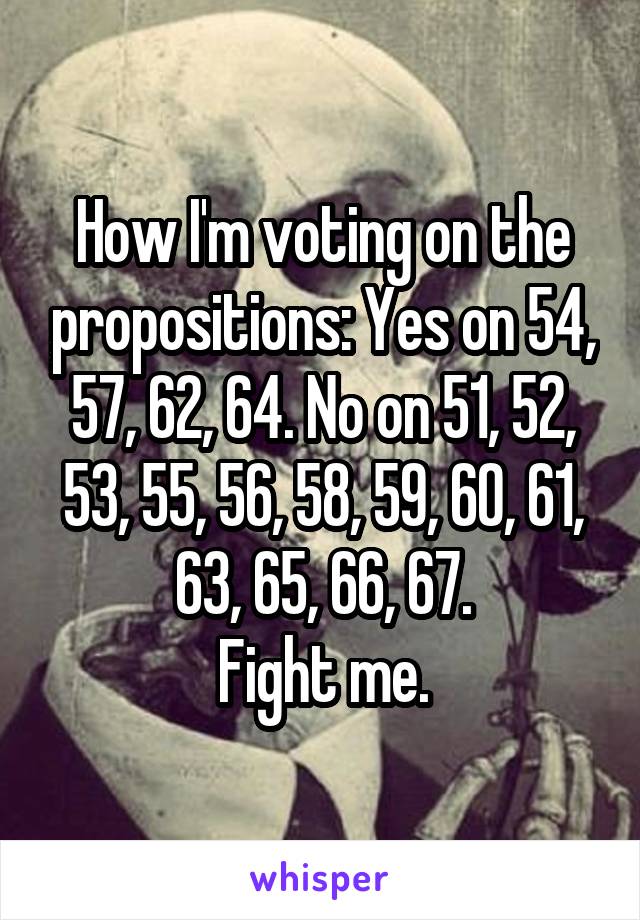 How I'm voting on the propositions: Yes on 54, 57, 62, 64. No on 51, 52, 53, 55, 56, 58, 59, 60, 61, 63, 65, 66, 67.
Fight me.