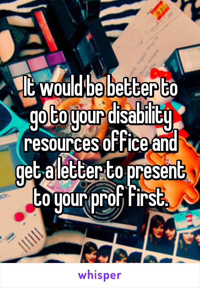It would be better to go to your disability resources office and get a letter to present to your prof first.