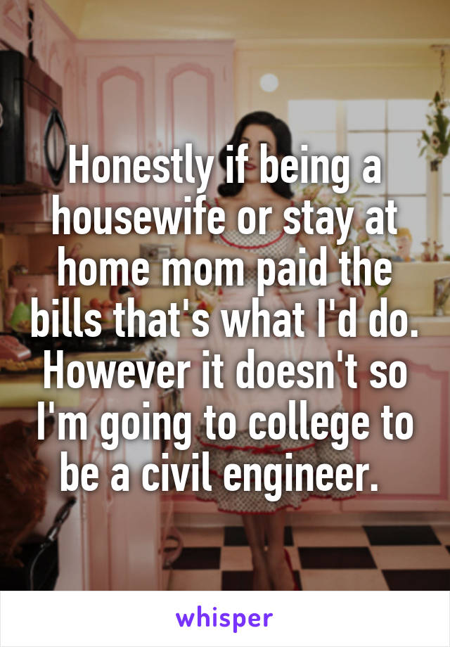 Honestly if being a housewife or stay at home mom paid the bills that's what I'd do. However it doesn't so I'm going to college to be a civil engineer. 
