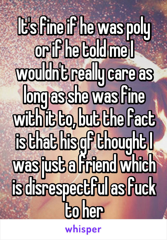 It's fine if he was poly or if he told me I wouldn't really care as long as she was fine with it to, but the fact is that his gf thought I was just a friend which is disrespectful as fuck to her