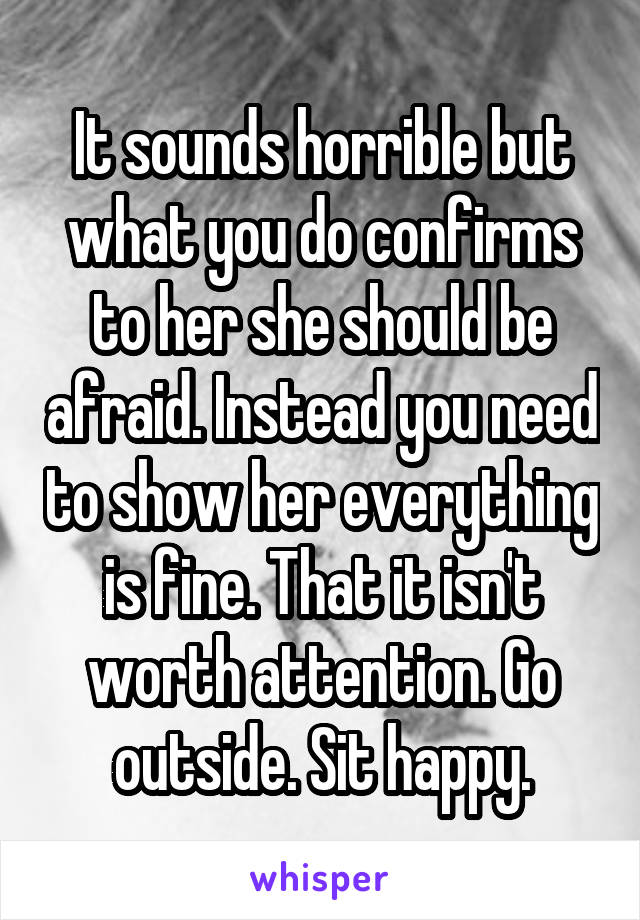 It sounds horrible but what you do confirms to her she should be afraid. Instead you need to show her everything is fine. That it isn't worth attention. Go outside. Sit happy.