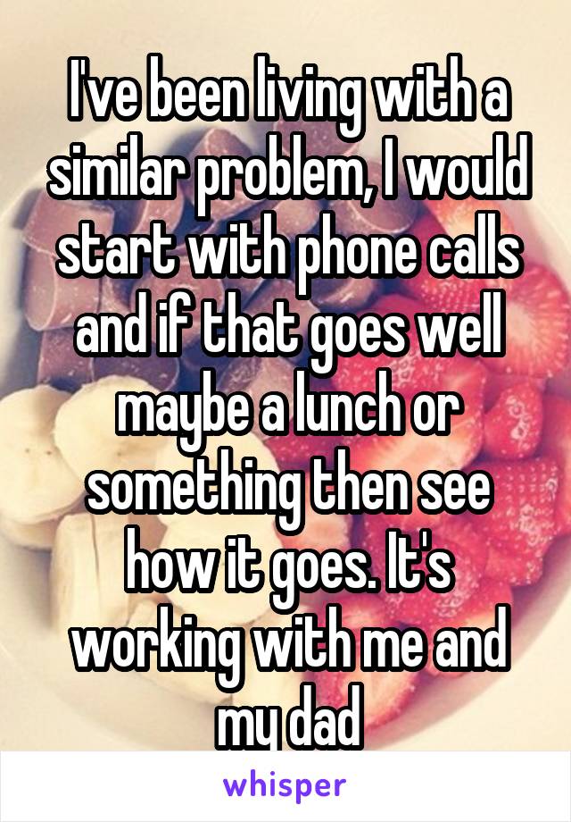 I've been living with a similar problem, I would start with phone calls and if that goes well maybe a lunch or something then see how it goes. It's working with me and my dad