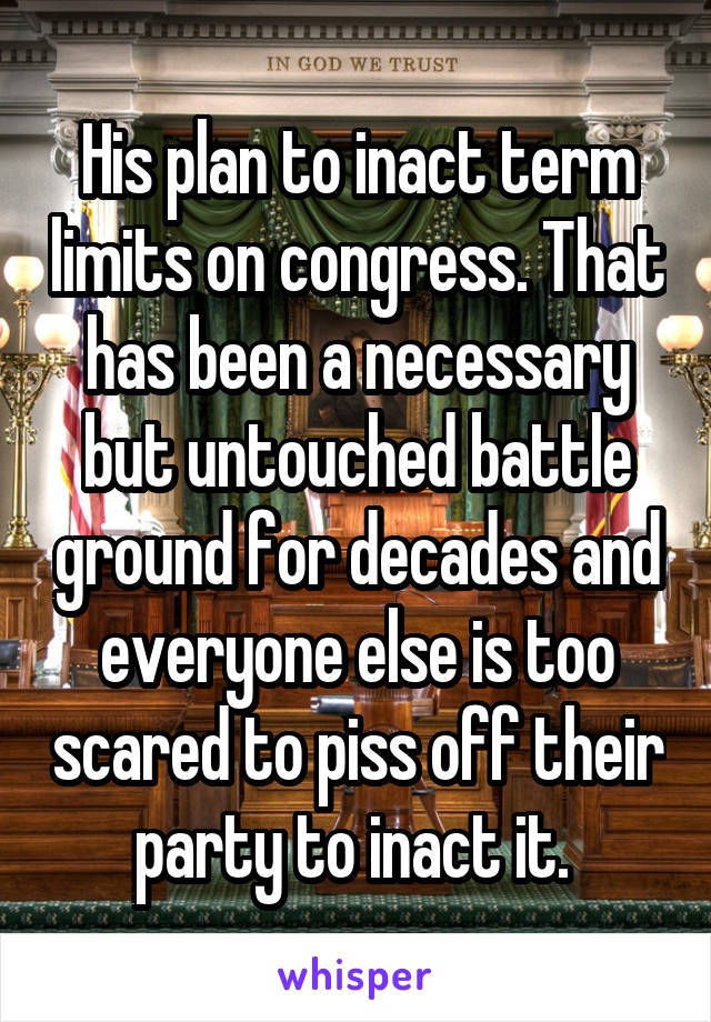 His plan to inact term limits on congress. That has been a necessary but untouched battle ground for decades and everyone else is too scared to piss off their party to inact it. 