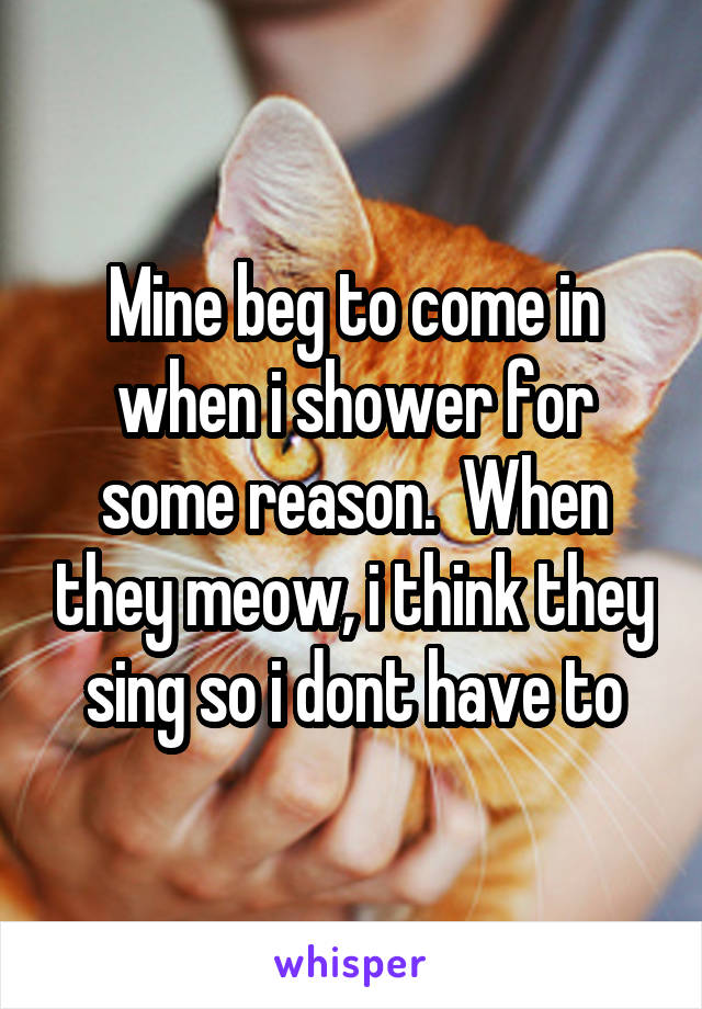 Mine beg to come in when i shower for some reason.  When they meow, i think they sing so i dont have to