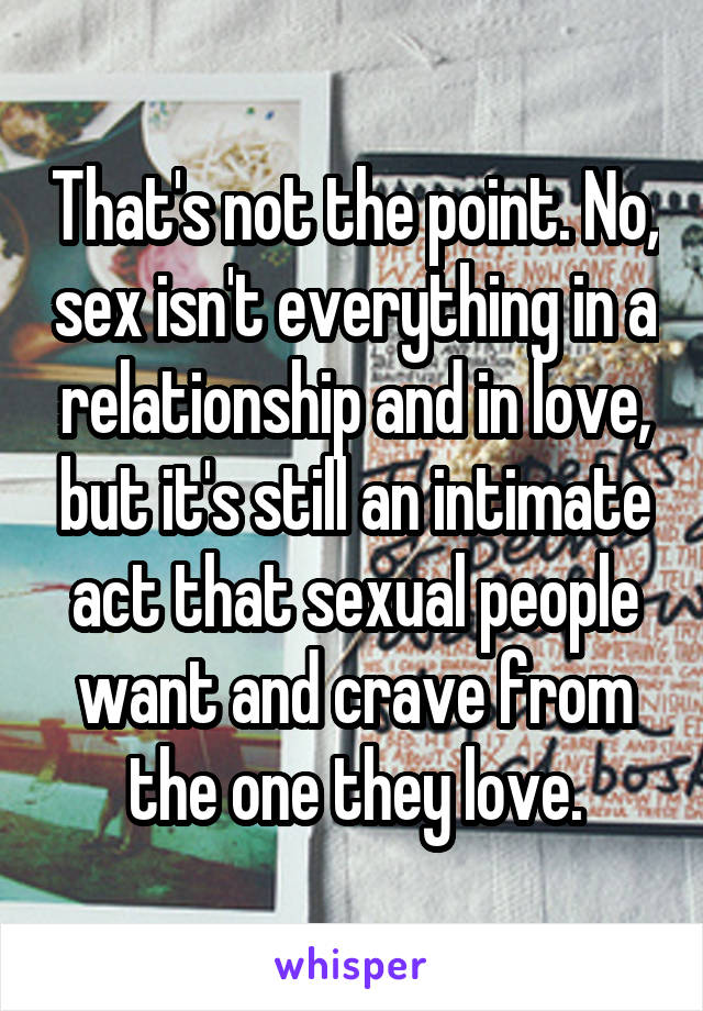 That's not the point. No, sex isn't everything in a relationship and in love, but it's still an intimate act that sexual people want and crave from the one they love.