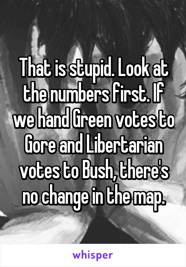 That is stupid. Look at the numbers first. If we hand Green votes to Gore and Libertarian votes to Bush, there's no change in the map.