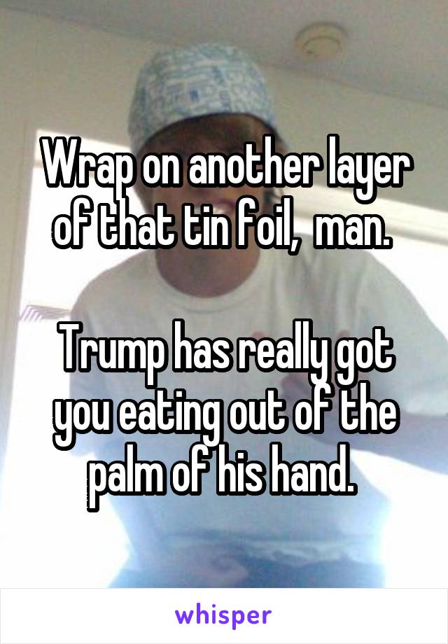 Wrap on another layer of that tin foil,  man. 

Trump has really got you eating out of the palm of his hand. 