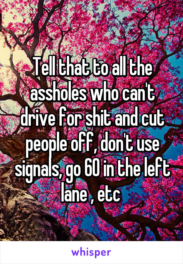 Tell that to all the assholes who can't drive for shit and cut people off, don't use signals, go 60 in the left lane , etc 