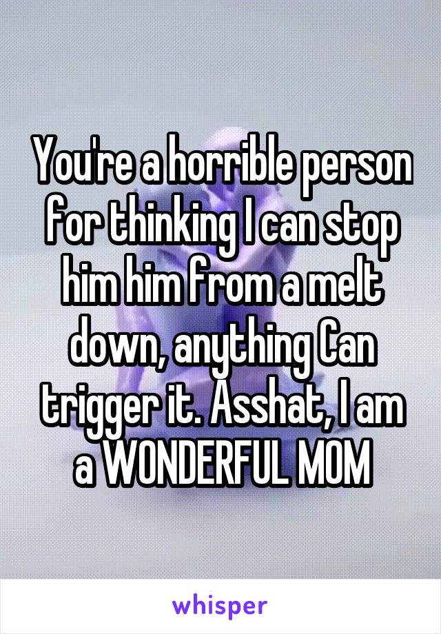 You're a horrible person for thinking I can stop him him from a melt down, anything Can trigger it. Asshat, I am a WONDERFUL MOM