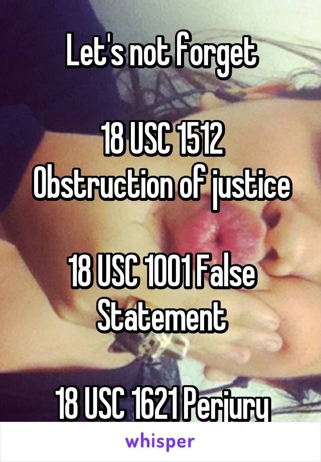 Let's not forget

18 USC 1512 Obstruction of justice

18 USC 1001 False Statement

18 USC 1621 Perjury