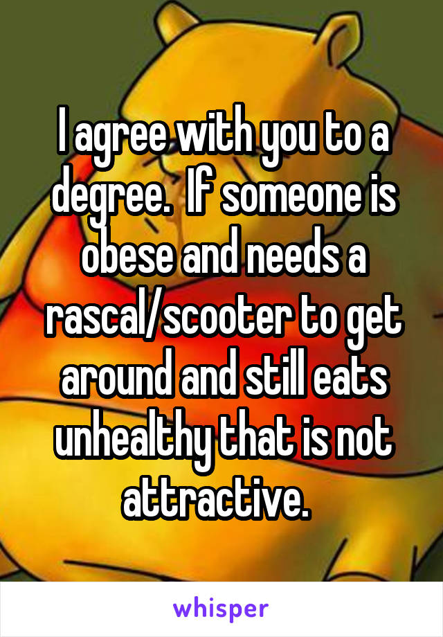 I agree with you to a degree.  If someone is obese and needs a rascal/scooter to get around and still eats unhealthy that is not attractive.  