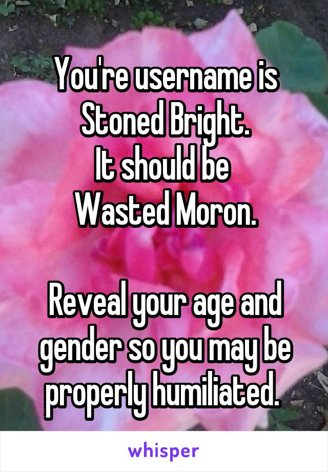You're username is
Stoned Bright.
It should be 
Wasted Moron.

Reveal your age and gender so you may be properly humiliated. 