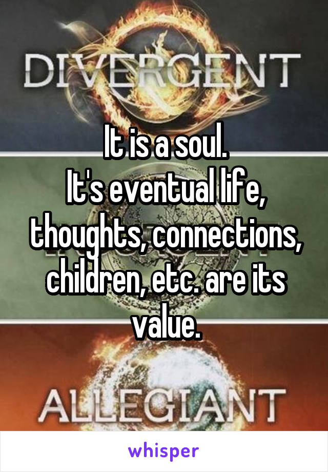 It is a soul.
It's eventual life, thoughts, connections, children, etc. are its value.
