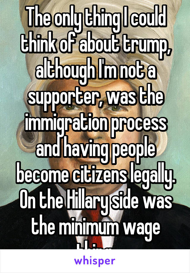 The only thing I could think of about trump, although I'm not a supporter, was the immigration process and having people become citizens legally. On the Hillary side was the minimum wage thing.