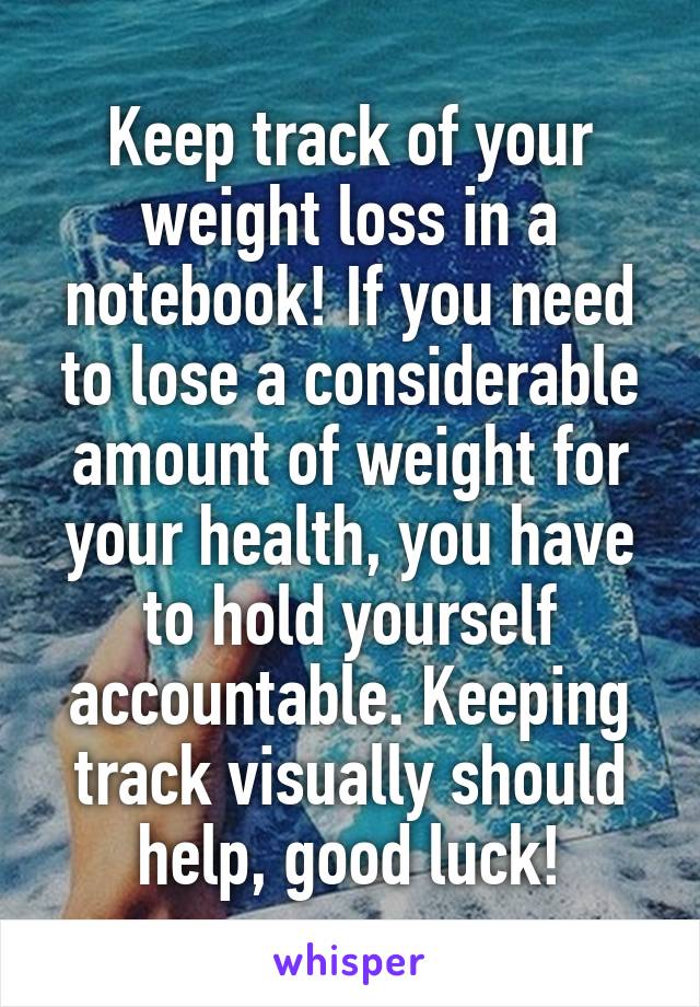 Keep track of your weight loss in a notebook! If you need to lose a considerable amount of weight for your health, you have to hold yourself accountable. Keeping track visually should help, good luck!
