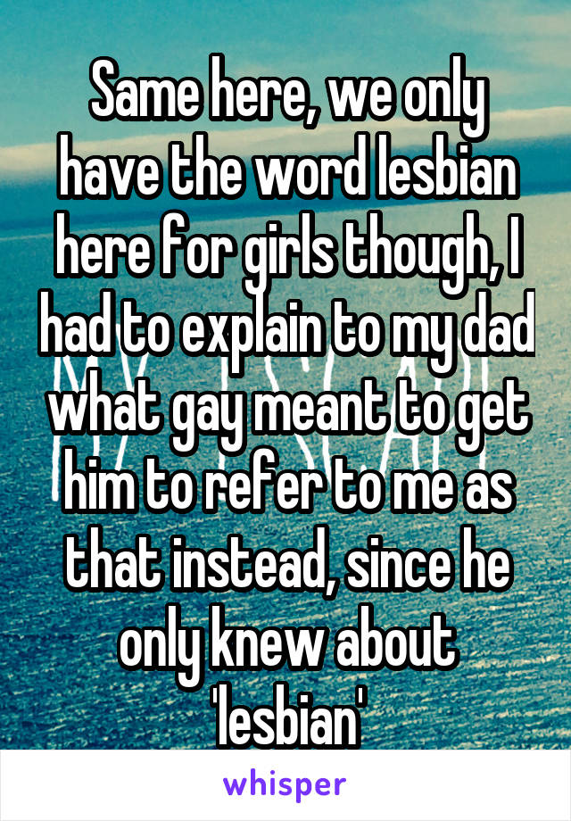Same here, we only have the word lesbian here for girls though, I had to explain to my dad what gay meant to get him to refer to me as that instead, since he only knew about 'lesbian'