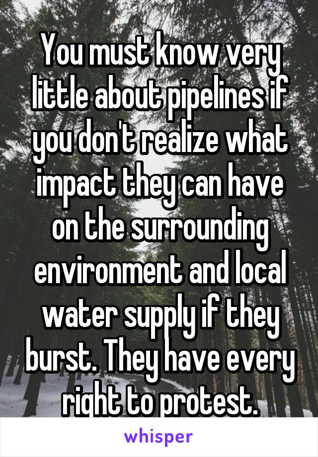 You must know very little about pipelines if you don't realize what impact they can have on the surrounding environment and local water supply if they burst. They have every right to protest.