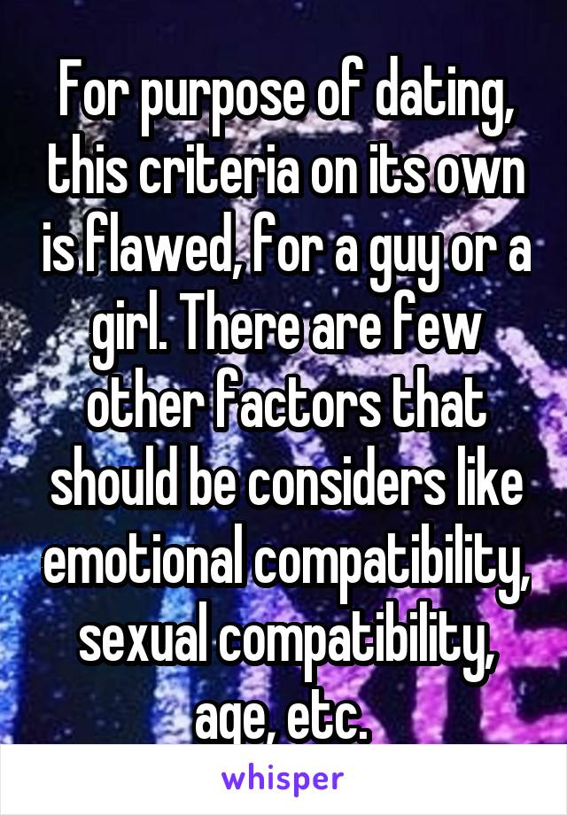 For purpose of dating, this criteria on its own is flawed, for a guy or a girl. There are few other factors that should be considers like emotional compatibility, sexual compatibility, age, etc. 