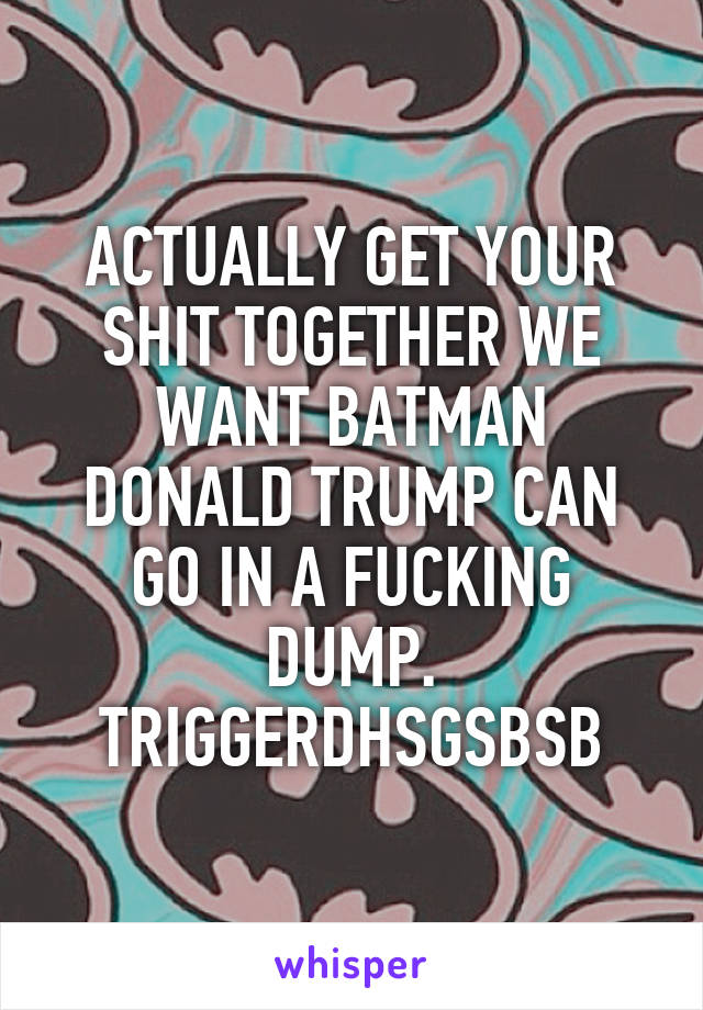 ACTUALLY GET YOUR SHIT TOGETHER WE WANT BATMAN DONALD TRUMP CAN GO IN A FUCKING DUMP. TRIGGERDHSGSBSB